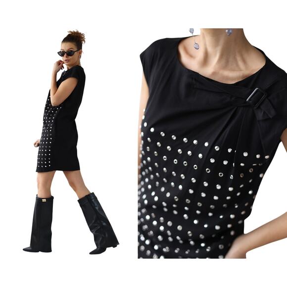 SEE BY CHLOE Jersey Black Dress Studded Abstract Design Cap Sleeves Shift 6 /42 - Picture 6 of 11